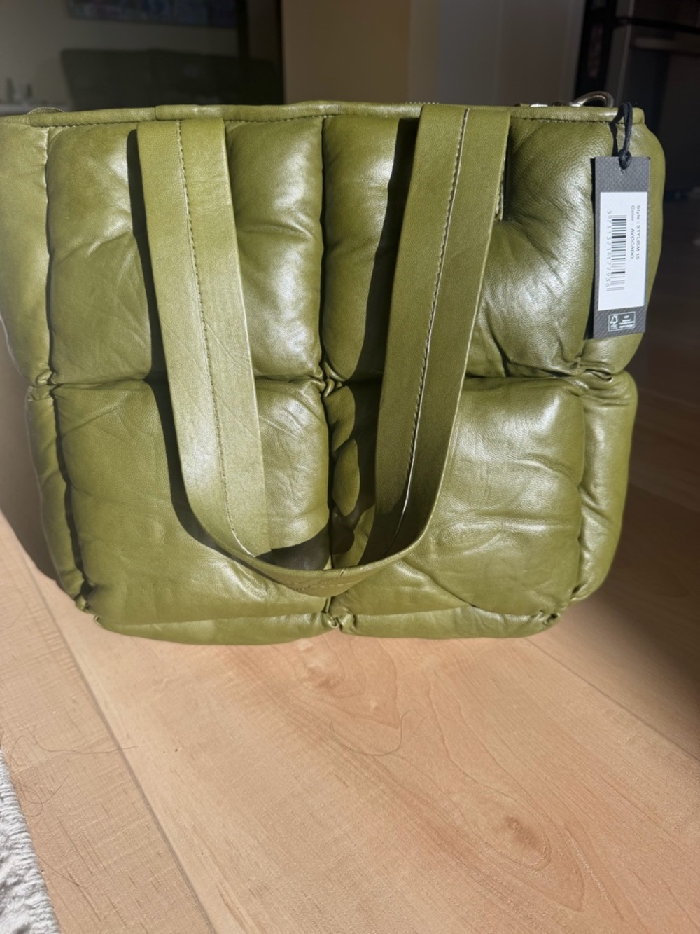 Quilted Olive Green Leather Tote Bag with Padded Panels